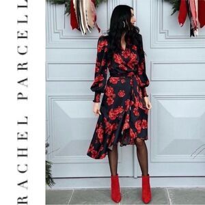 Rachel Parcell Satin Wrap Dress Black Red Poppy Floral Print Small Long Sleeve